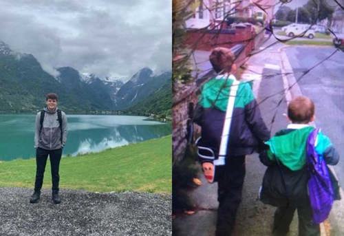 A collage of foster carers son holding hands with young boy and on holiday