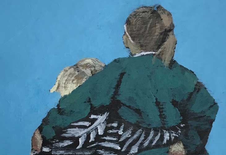 A painting of boy and girl from behind with arms around each other