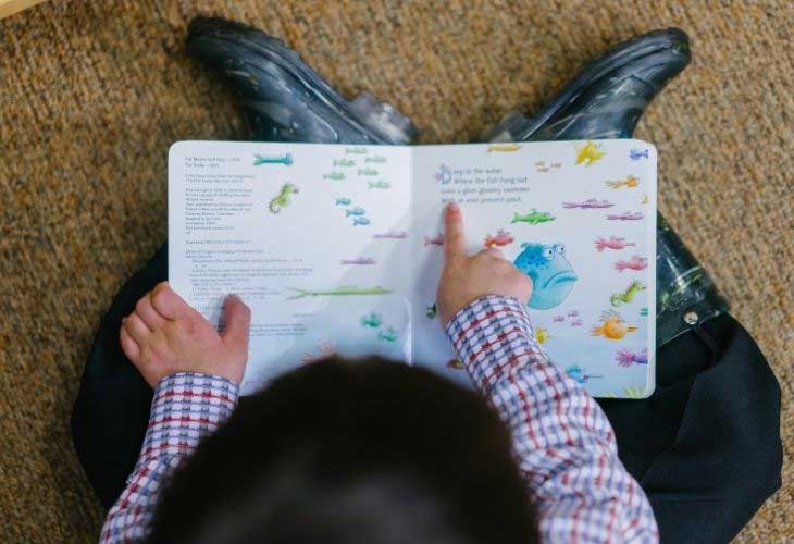 A child looking down at a book pointing at the words