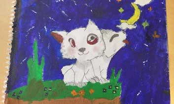 Childs painting of a cat at night