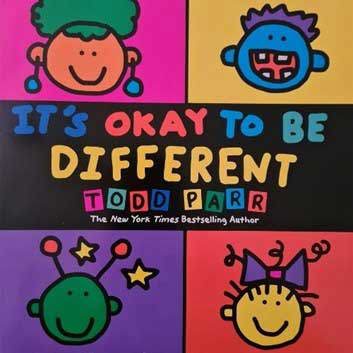 A book cover showing different cartoon faces and the title It's Okay to be Different